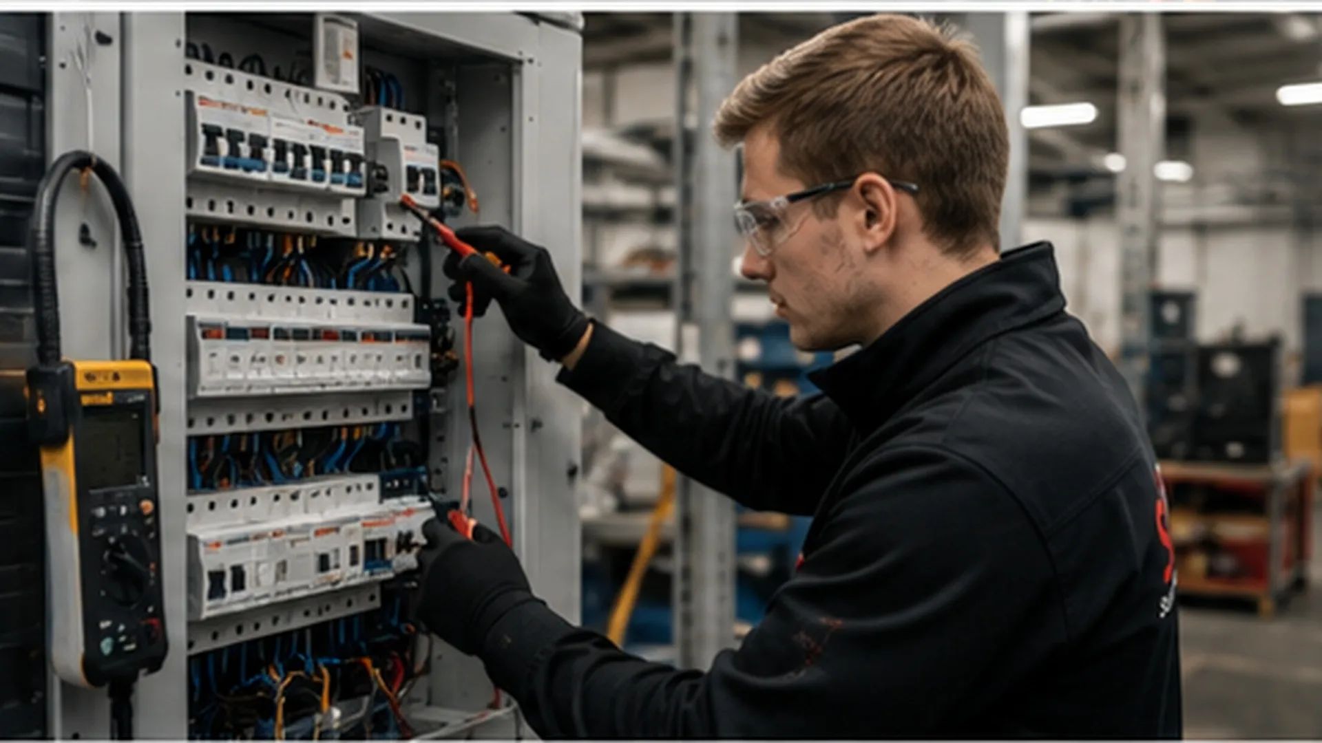 Elektrofachkraft misst mit Prüfspitzen an einer geöffneten Unterverteilung, daneben ein Installationsmessgerät
