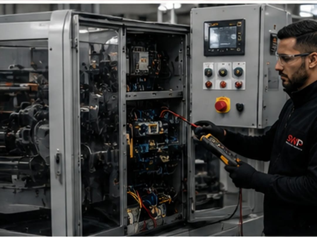 Prüfung der elektrischen Ausrüstung einer Produktionsmaschine am geöffneten Maschinenschaltschrank