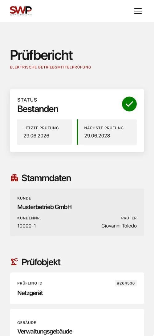 Digitaler Prüfbericht auf dem Smartphone mit Status „Bestanden“, letzter und nächster Prüfung