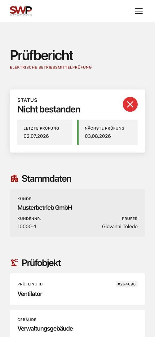 Digitaler Prüfbericht auf dem Smartphone mit Status „Nicht bestanden“ und Termin für die Nachprüfung
