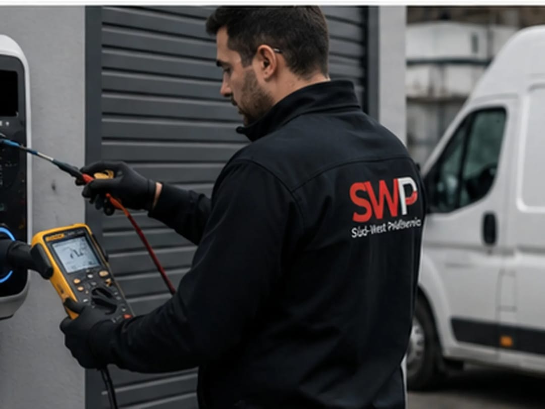 Prüfung eines Ladepunkts für Elektrofahrzeuge auf einem Firmengelände, daneben ein Servicefahrzeug